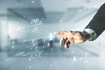 Double exposure of male hand presses on scientific formula hologram on blurred office background, research and development concept