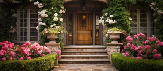 Rose bushes and flagstone steps guide visitors to an elegant wood grain front door of a house surrounded by a garden.