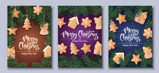 Merry Christmas Holiday cards, flyers and invitations. Festive background with fir branches, decorated with gingerbread. Merry Christmas and New Year