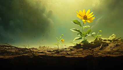 A large yellow flower growing out of dirt and green background, in the style of conceptual, lush...