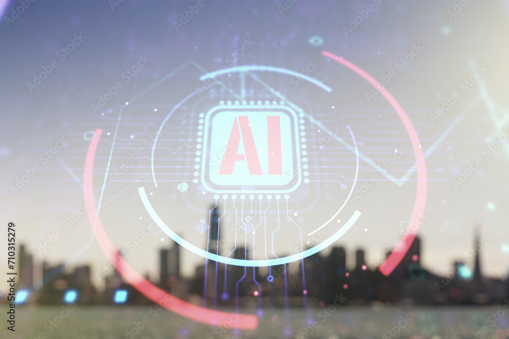 Poster double exposure of creative artificial intelligence abbreviation hologram on blurry office buildings