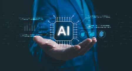 AI tech, AI generation, businessman show virtual graphic Global Internet connect Chat with AI,...