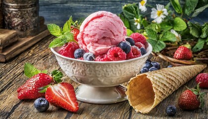 Fruitful Fiesta: Bowl of Strawberry Ice Cream with Cone and Berries