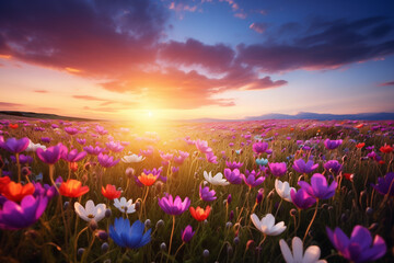 Beautiful meadow full of spring flowers, sunrise