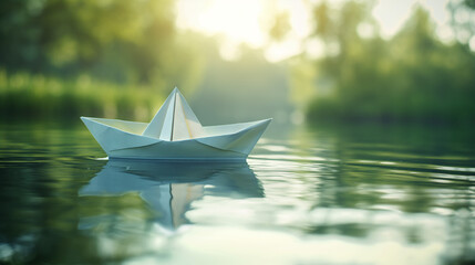 Paper boat floating on a tranquil pond, reflections in the water. Concept of childhood innocence