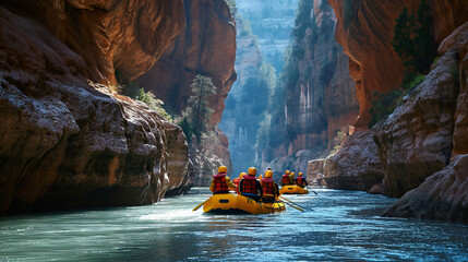 Rafting guide leading a group through a narrow river canyon. Dramatic rock formations surrounding the river - obrazy, fototapety, plakaty