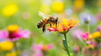 Close-up of a honeybee pollinating a flower. Interaction between bee and nature