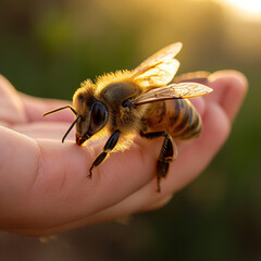 Honeybee resting on a gardener's hand. Human-animal interaction. Sense of harmony, delicate and vital nature of bees
