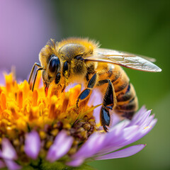 Close-up of a honeybee pollinating a flower. Interaction between bee and nature
