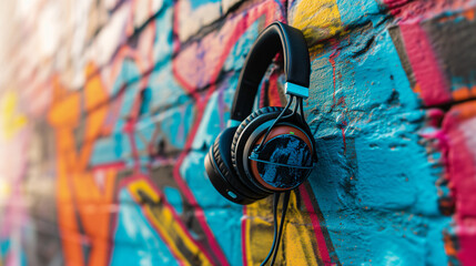 Headphones hanging on a colorful graffiti wall. Urban and trendy setting. Fusion of music and street culture
