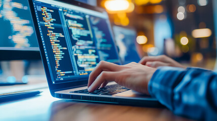 Focused programmer in professional development, typing code on a laptop. Screens display intricate coding language UI, highlighting software development, ChatGPT AI, and web design