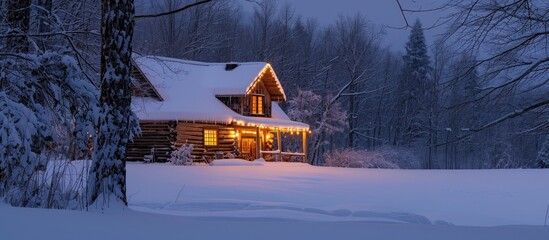 Winter lights illuminate a snowy wooden cabin near a ski resort. - obrazy, fototapety, plakaty