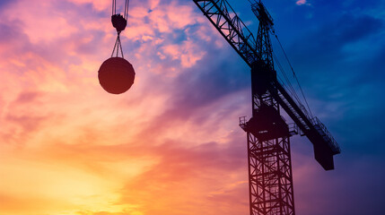 Wrecking ball on a crane at sunrise, Silhouette of the crane and ball against the dawn sky. Emphasis on the start of a new day and new beginnings. Construction and redevelopment theme