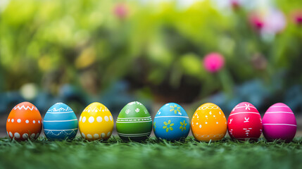 Fototapeta na wymiar Easter eggs, each beautifully adorned with intricate daisy prints, lie nestled in the lush green grass, forming a charming and festive tableau of springtime celebration