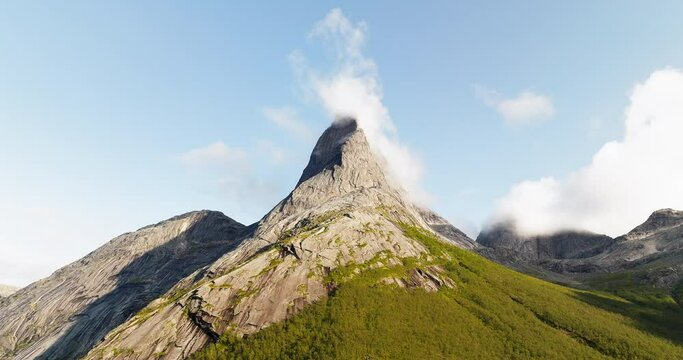 Picturesque View Of Stetind, Norway's National Mountain During Autumn. Aerial Shot