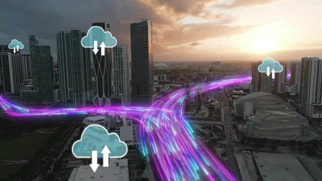 fast internet connection in smart city modern aerial sunset skyline Network Communication Futuristic Technology