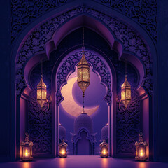  Happy Eid and Ramadan Arabic lantern with burning candle  Ramadan crescent moon, Eid Mubarak Islamic festival concept on a purple background social media banner and Eid Mubarak Post Template, Islam