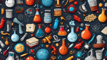 An Abstract doodle background features a sketch of a science kit with playful elements