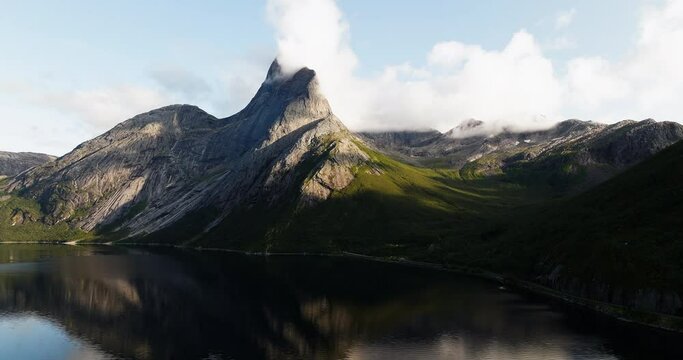 Gigantic Granite Mountain Of Stetinden In Narvik, Nordland County, Norway. Aerial Wide Shot