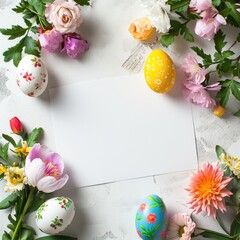 Naklejka na ściany i meble Easter eggs, spring flowers and blank white paper sheet for greeting text
