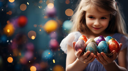 Fototapeta na wymiar Little girl with eggs, Cute little child on Easter day. Girl holding painted eggs. Happy Easter hunt concept