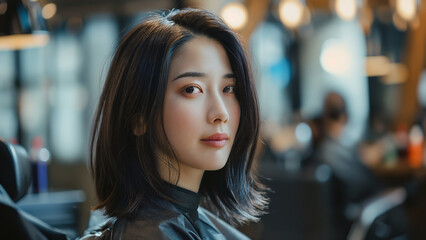 a beautiful korean model woman in the hairdresser salon gets a new haircut, dyes her hair and style it. sitting on the chair and talks to the hairstylist - obrazy, fototapety, plakaty