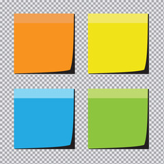 Paper notes , sticky notes. Colorful stickers or notepad pages with curled corners. Empty blanks for messages. Realistic mock up.