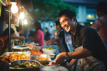 Local young man stands behind his street food stall and smiles. Male street vendor of Thai food at...