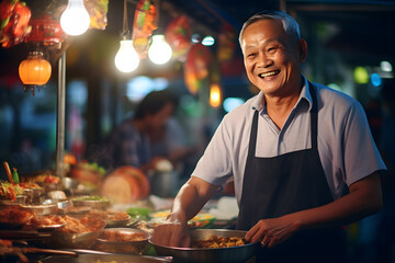 Local man stands behind his street food stall and smiles. Male street vendor of Thai food at the market - obrazy, fototapety, plakaty