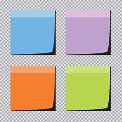 Paper notes , sticky notes. Colorful stickers or notepad pages with curled corners. Empty blanks for messages. Realistic mock up.