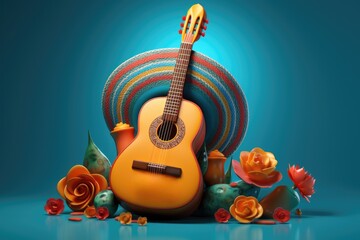 Cinco de mayo. composition of sombreros, guitar and flowers.