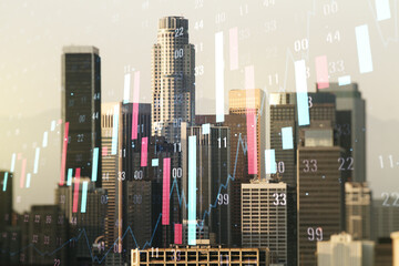 Double exposure of abstract creative financial chart hologram on Los Angeles skyscrapers...