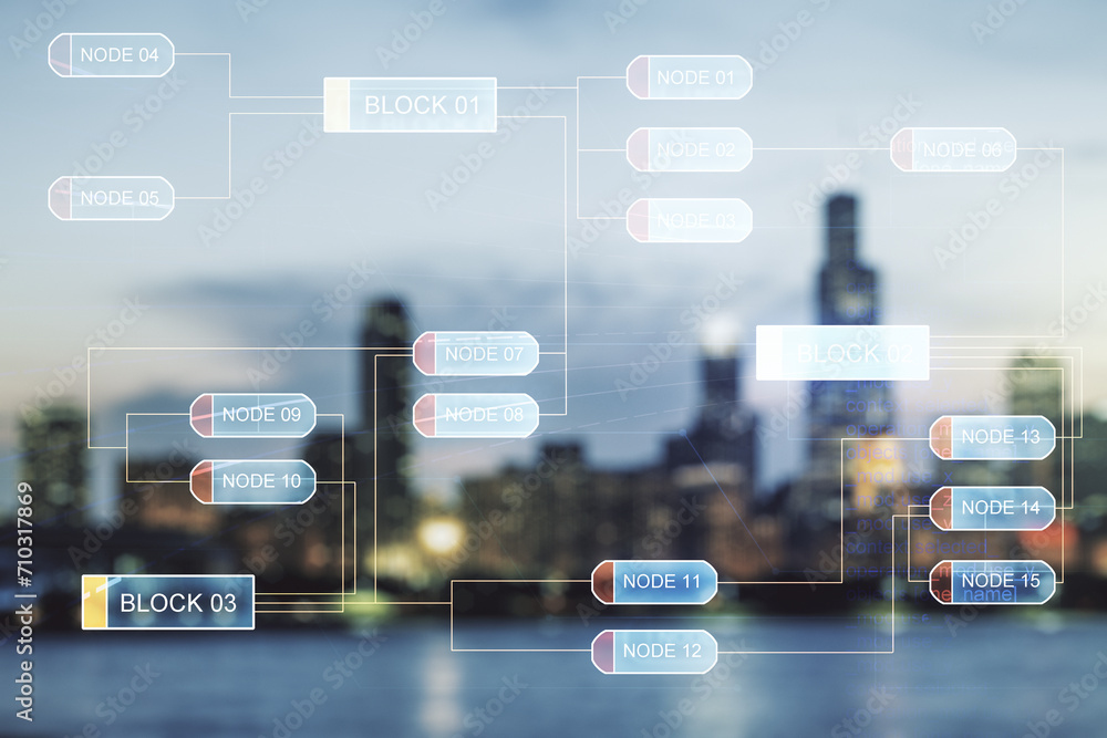 Poster multi exposure of abstract creative coding sketch on blurry skyline background, artificial intellige