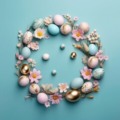 Easter eggs in a circle on blue background
