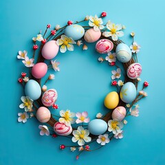 Easter eggs in a circle on blue background