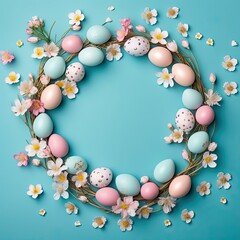 Easter eggs in a circle on blue background