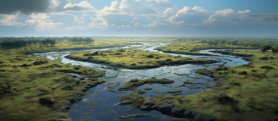 Curving channels wind through wetlands.