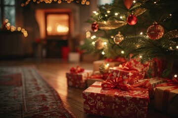 Fototapeta na wymiar Colorful gift boxes under a Christmas tree