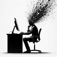 A man sits on a chair at a computer, his head dissolving into small particles or splashes, symbolizing losing himself in thoughts. Black and white illustration on white background.
