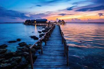 Fototapeta premium Maldivian landscape at sunset. Generative AI Art. Beautiful view.