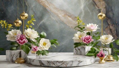 Pedestal in Bloom: Product Display with Marble and Flowers