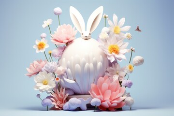 Easter composition with rabbit, eggs and flowers made of paper. Happy Easter.