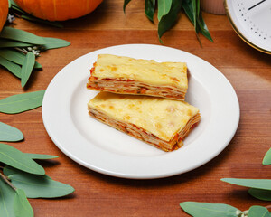 Vegetable lasagna on a plate. Diet food.