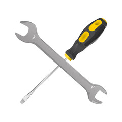 crossed screwdriver and wrench illustration isolated on white background. illustration of crossed screwdriver and wrench. mechanical and construction tools illustration.
