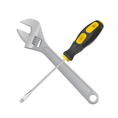 crossed screwdriver and adjustable wrench illustration isolated on white background. illustration of crossed screwdriver and adjustable wrench. mechanical and construction tools illustration.