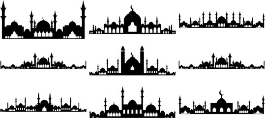 Set of mosque silhouettes. Isolated on white background. Vector illustration.
