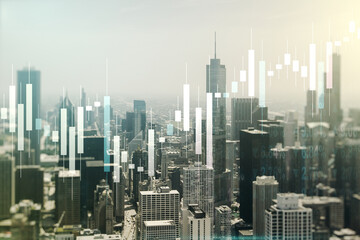 Multi exposure of virtual creative financial chart hologram on Chicago skyscrapers background,...
