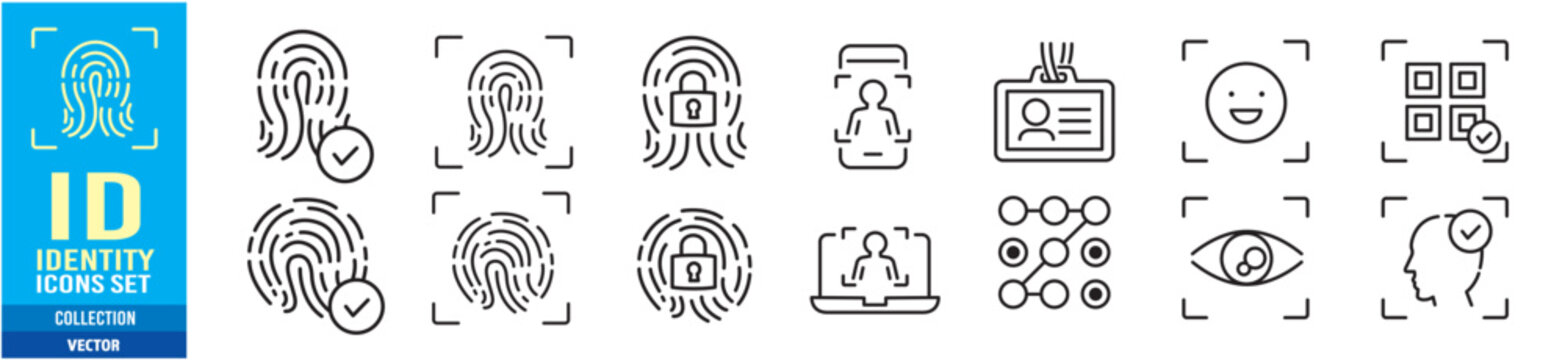 Biometric, Fingerprint, Face id, Face recognition, Identity, Eye, Motion sensor, Smart home, Lock editable stroke line icon collection Vector