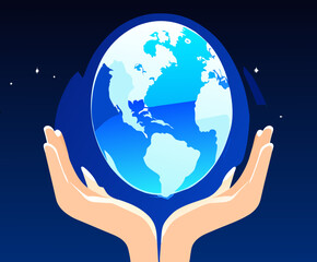 A doctor's hand holding a glowing Earth vektor icon illustation
