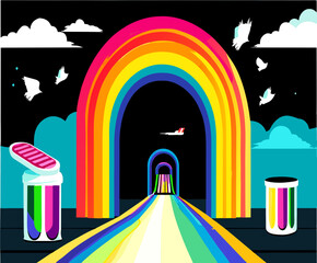 Pills and capsules forming a rainbow bridge to health vektor icon illustation